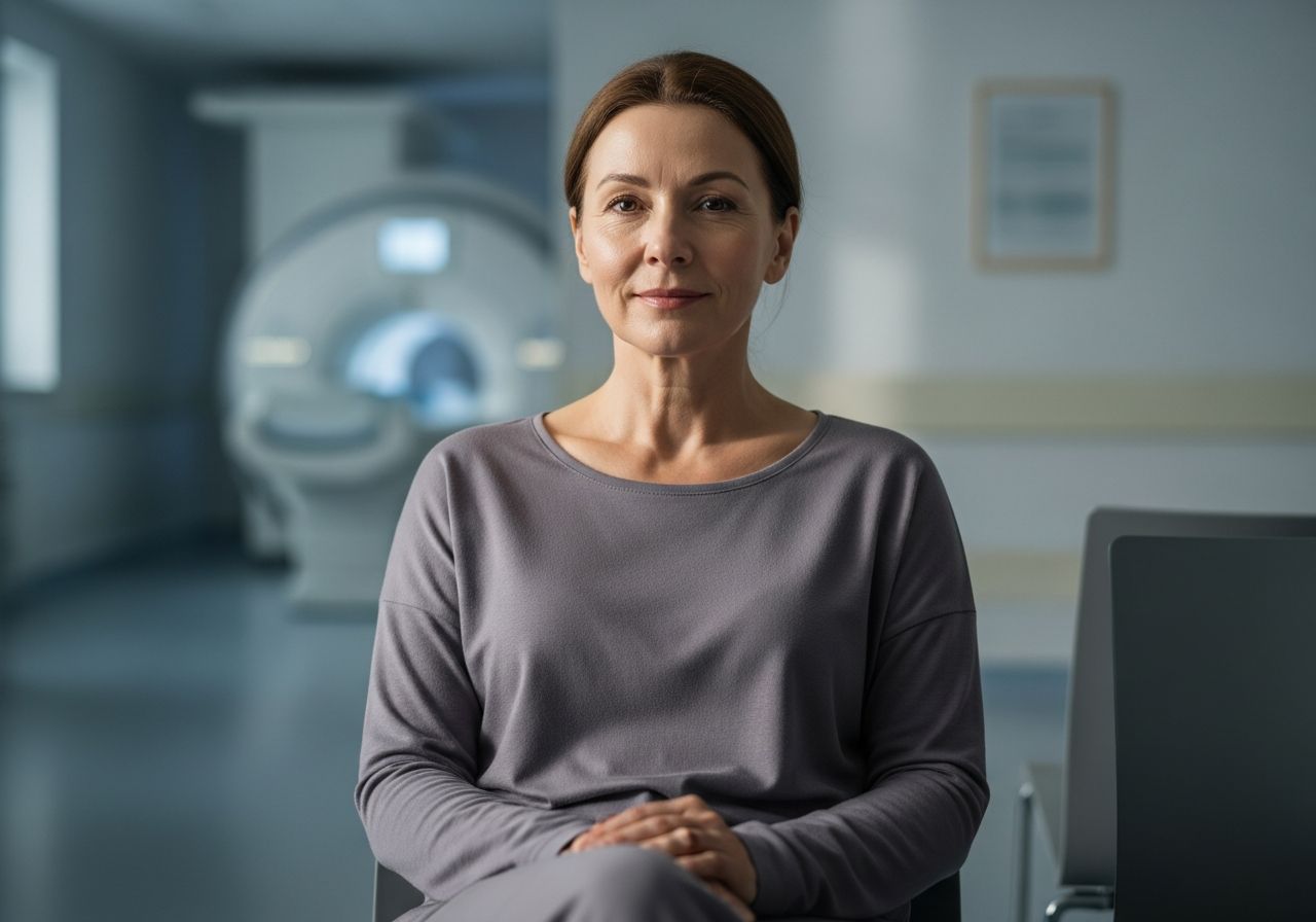 Kobieta w średnim wieku siedzi spokojnie w poczekalni szpitala, w tle rozmyta maszyna MRI