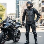 Profesjonalny motocyklista stoi przy czarnym motocyklu sportowym w pełnym stroju ochronnym na miejskiej ulicy.