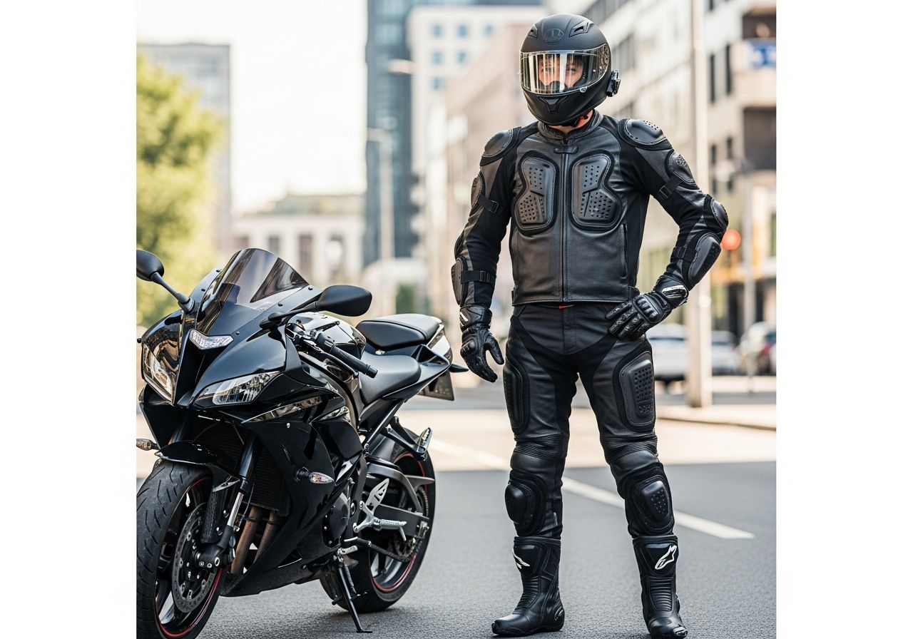 Profesjonalny motocyklista stoi przy czarnym motocyklu sportowym w pełnym stroju ochronnym na miejskiej ulicy.