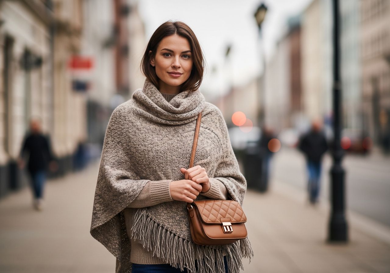 Kobieta w modnym ponczu stoi pewnie na ulicy w miejskim otoczeniu w naturalnym świetle.