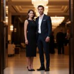 Elegancka para w wieczorowych strojach stoi w nowoczesnym, luksusowym wnętrzu podczas przyjęcia