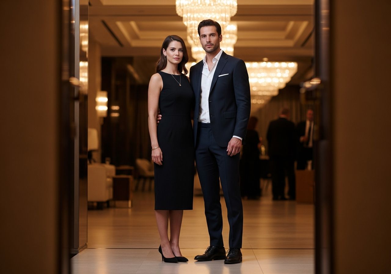 Elegancka para w wieczorowych strojach stoi w nowoczesnym, luksusowym wnętrzu podczas przyjęcia