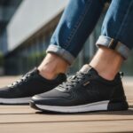 Para męskich sneakersów na drewnianej podłodze, widok od kolan, miejski styl casual, naturalne światło