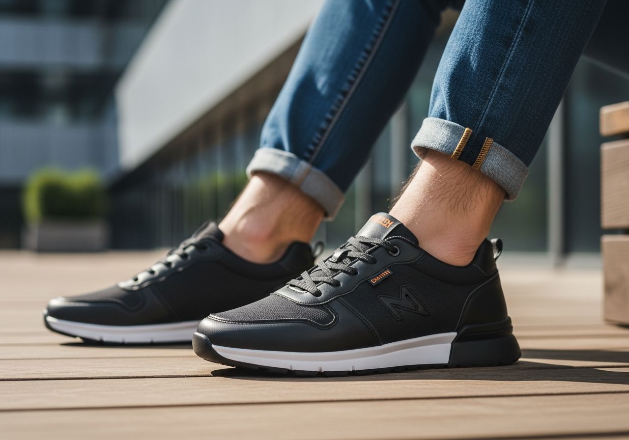 Para męskich sneakersów na drewnianej podłodze, widok od kolan, miejski styl casual, naturalne światło