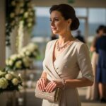 Kobieta w eleganckiej sukni na weselu, z biżuterią i torebką, w jasnym, kwiatowym tle goście w tle.