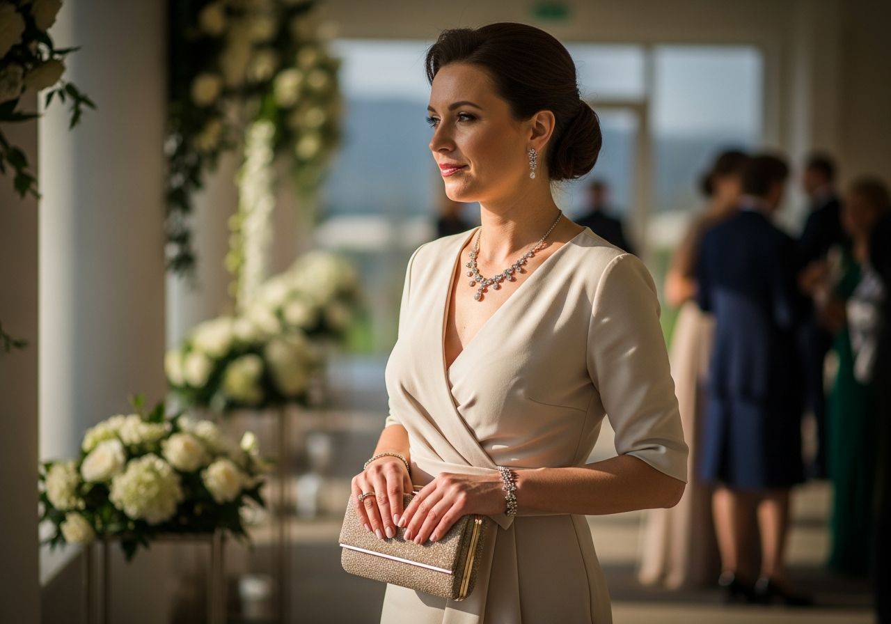 Kobieta w eleganckiej sukni na weselu, z biżuterią i torebką, w jasnym, kwiatowym tle goście w tle.
