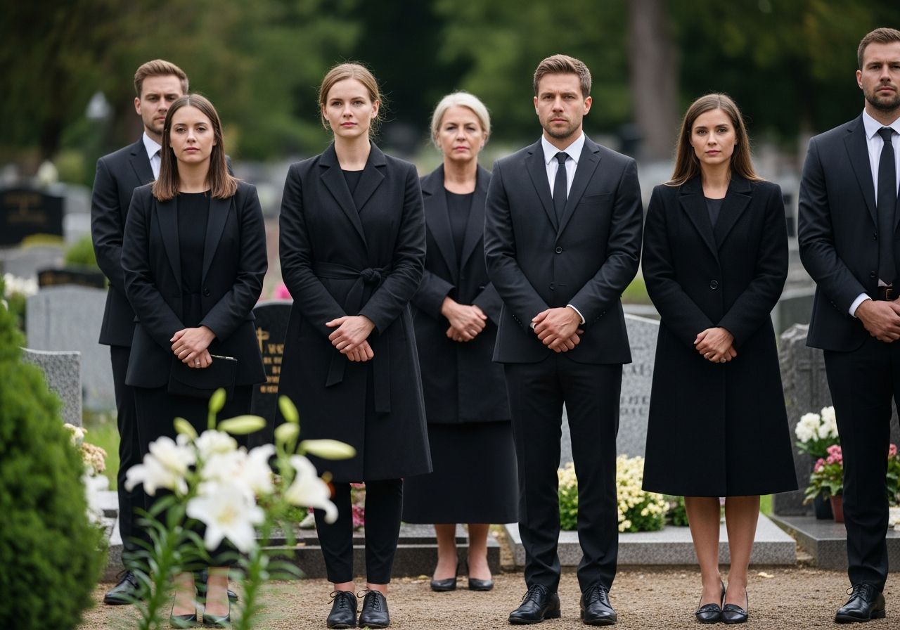 Grupa osób w czerni na cmentarzu podczas pochmurnego dnia, w tle nagrobki i białe lilie.
