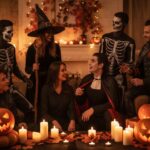 Grupa młodych osób w halloweenowych strojach w przytulnym, dekorowanym pomieszczeniu z dyniami i świecami