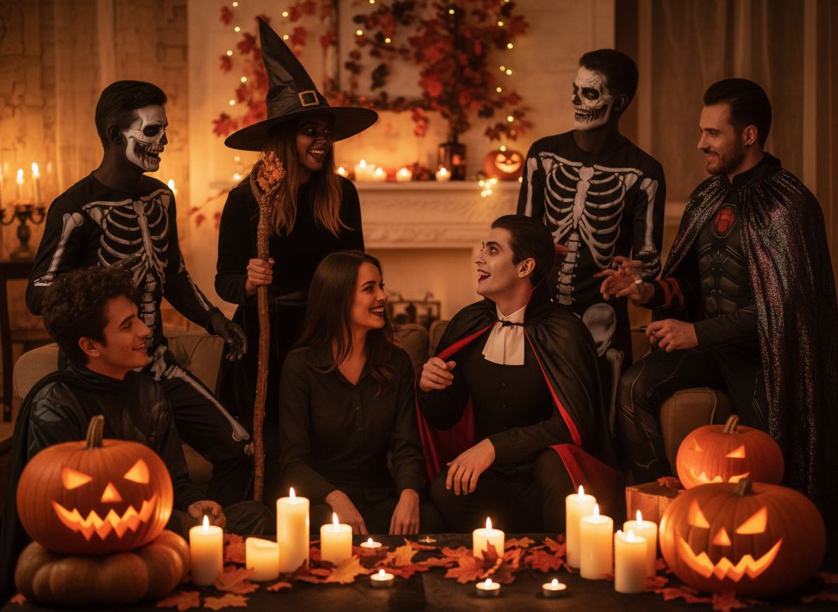 Grupa młodych osób w halloweenowych strojach w przytulnym, dekorowanym pomieszczeniu z dyniami i świecami