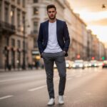 Młody mężczyzna w granatowej marynarce i białej koszulce na tle miejskiej ulicy.