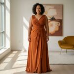 Plus size kobieta w eleganckiej sukience stojąca w jasnym, nowoczesnym wnętrzu, pełna sylwetka