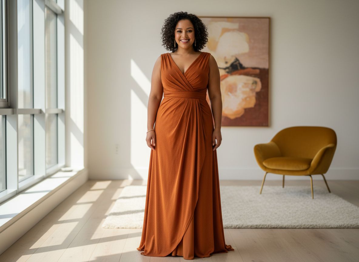 Plus size kobieta w eleganckiej sukience stojąca w jasnym, nowoczesnym wnętrzu, pełna sylwetka