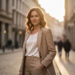 Kobieta w beżowej marynarce i białej bluzce na miejskiej ulicy podczas złotej godziny