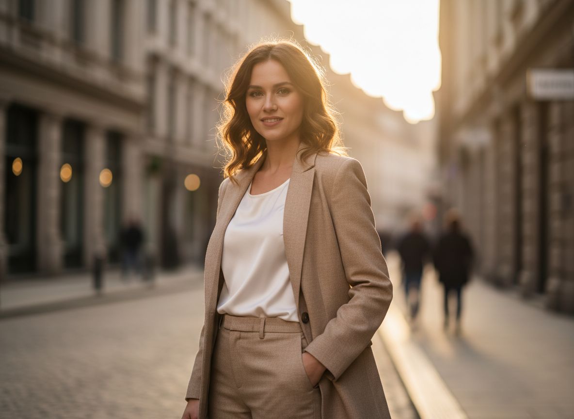 Kobieta w beżowej marynarce i białej bluzce na miejskiej ulicy podczas złotej godziny