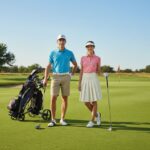 Mężczyzna i kobieta w klasycznym stroju golfowym na zielonym polu golfowym w słoneczny dzień