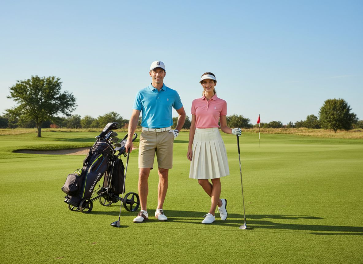 Mężczyzna i kobieta w klasycznym stroju golfowym na zielonym polu golfowym w słoneczny dzień