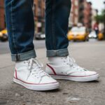 Osoba w wysokich sneakersach i podwiniętych dżinsach stoi na miejskim chodniku w świetle dziennym