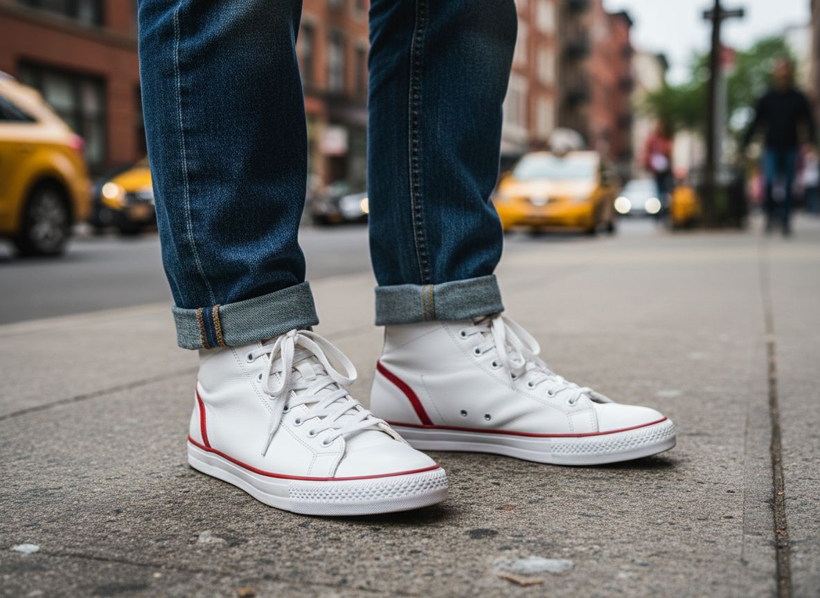Osoba w wysokich sneakersach i podwiniętych dżinsach stoi na miejskim chodniku w świetle dziennym
